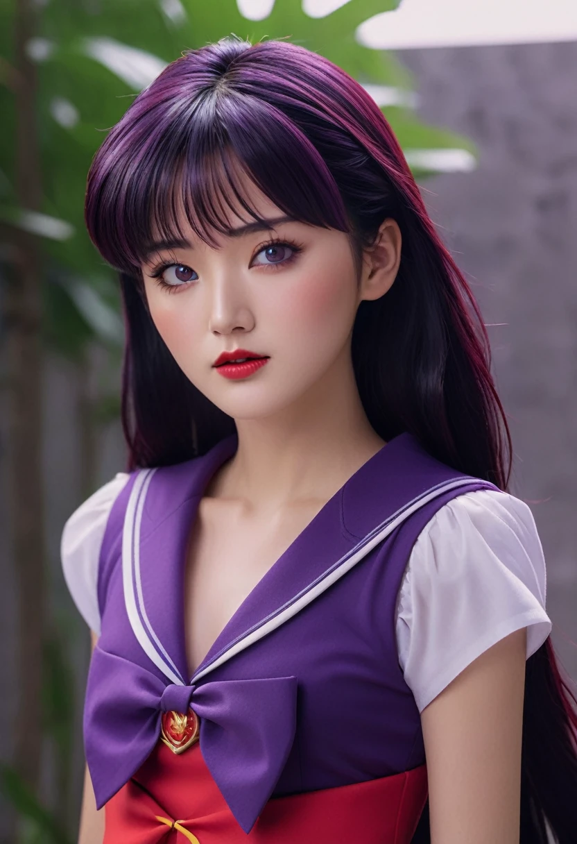 A highly detailed realistic of Sailor Mars, Rei Hino, in a dark fantasy movie setting, photorealistic, extremely detailed facial features, striking purple eyes, full lips, long eyelashes, elegant hairstyle, detailed red sailor mars uniform design, dramatic lighting, cinematic composition, moody color palette, intricate background details, fantasy elements, 8k, best quality, ultra-detailed, masterpiece