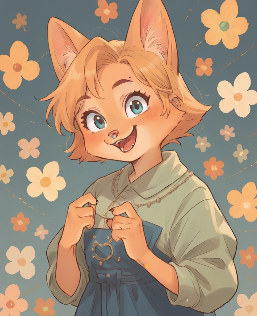 little fox, kid girlfox, blonde hair, ginger fur, blue eyes, cute kid, alone, face similar to Diane Foxington, kid, short hair, open mounth, happy, alone