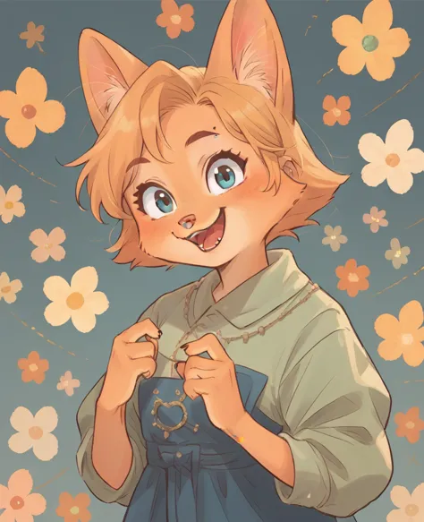 little fox, kid girlfox, blonde hair, ginger fur, blue eyes, cute kid, alone, face similar to diane foxington, kid, short hair, ...