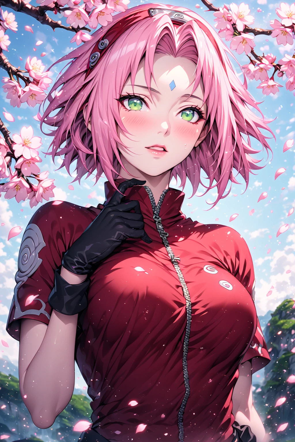 absurdres, highres, ultra detailed, HDR, master piece, Haruno Sakura, pink hair, short hair, expressive green eyes, red shirt, sexy woman, best quality, black gloves, Naruto Shippuden, solo, fantasy, magical, sensual, glittering, accessories, blue sky, pink flowers, petals, cherry blossoms, extremely beautiful, adult face, mature woman