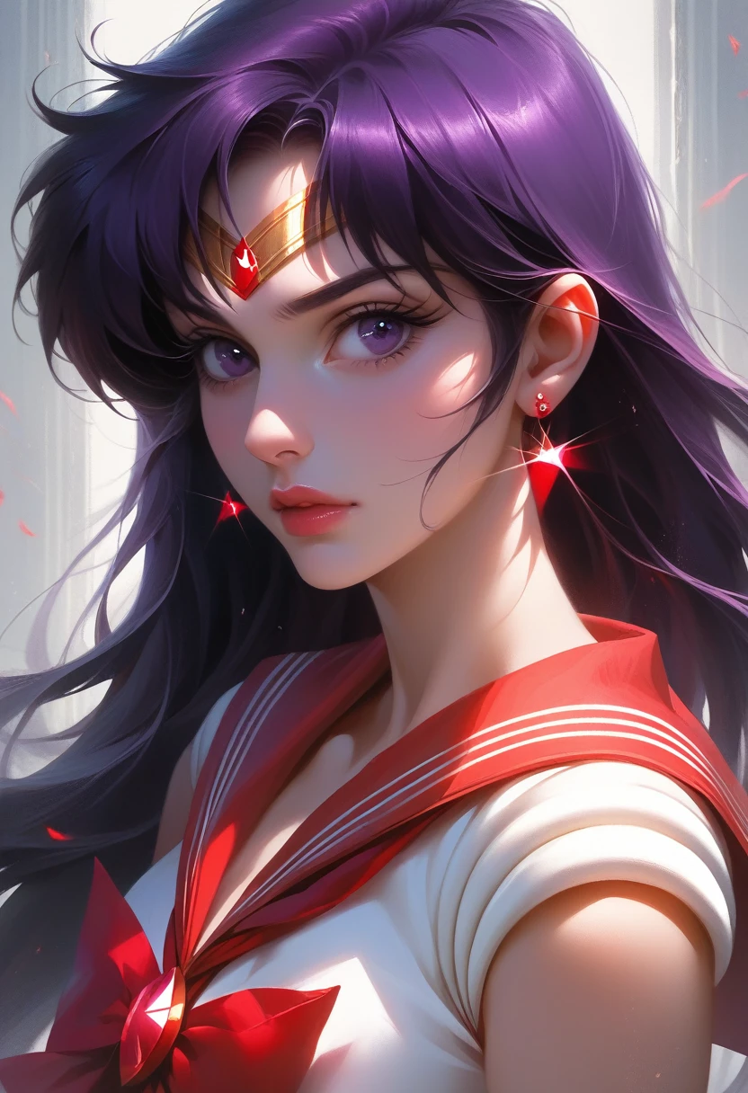 A highly detailed realistic of Sailor Mars, Rei Hino, in a dark fantasy movie setting, photorealistic, extremely detailed facial features, striking purple eyes, full lips, long eyelashes, elegant hairstyle, detailed red sailor mars uniform design, dramatic lighting, cinematic composition, moody color palette, intricate background details, fantasy elements, 8k, best quality, ultra-detailed, masterpiece