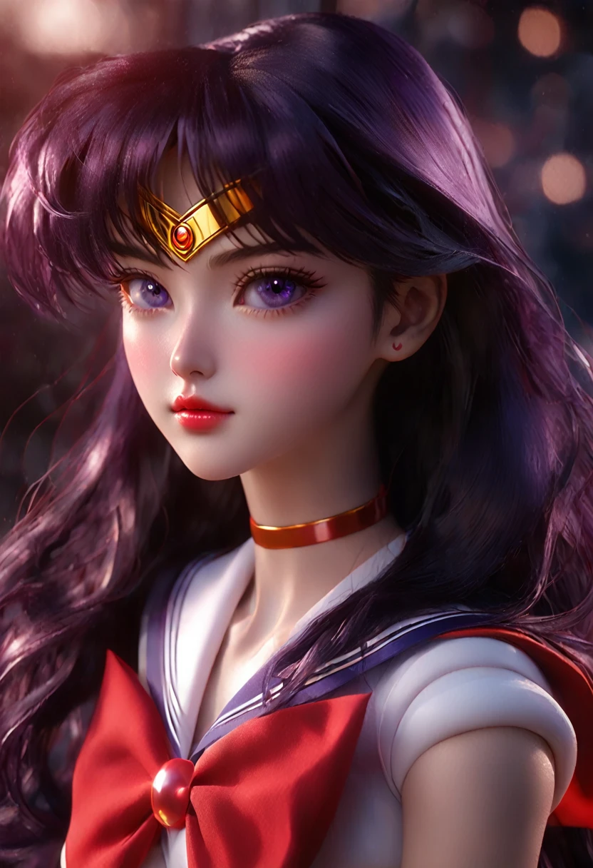 A highly detailed realistic of Sailor Mars, Rei Hino, in a dark fantasy movie setting, photorealistic, extremely detailed facial features, striking purple eyes, full lips, long eyelashes, elegant hairstyle, detailed red sailor mars uniform design, dramatic lighting, cinematic composition, moody color palette, intricate background details, fantasy elements, 8k, best quality, ultra-detailed, masterpiece