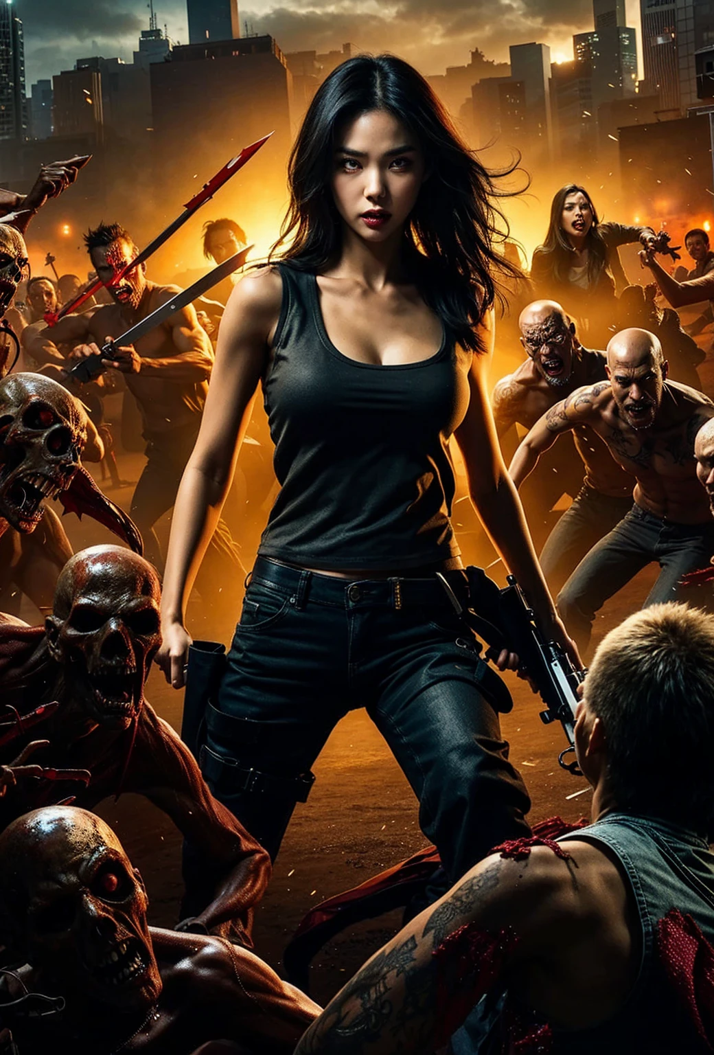 Design an 8k movie poster featuring an Asian vampire woman with medium breasts, dressed in a tight crop top and jeans, striking a fierce vampire pose. She stands in the foreground, baring her sharp fangs with a menacing yet seductive expression. Her eyes glow with a supernatural red hue, and her hands are clawed, ready to strike. The background is a dark, misty urban setting with flickering neon signs and eerie shadows, creating a haunting atmosphere. The lighting should emphasize her vampiric allure, with dramatic highlights and shadows that capture her dangerous beauty and powerful presence