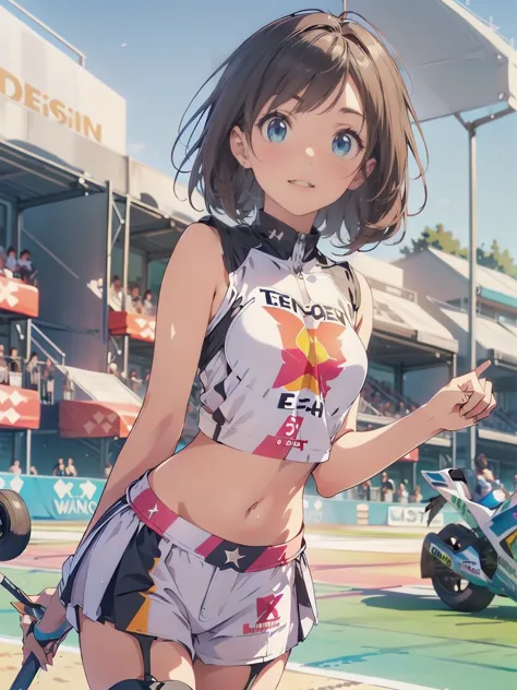 (race queen,grid girls:1.5),crop top,white micro shorts,standing:1.3、black hair:1.5、short hair:1.5,twin tails:1.5、