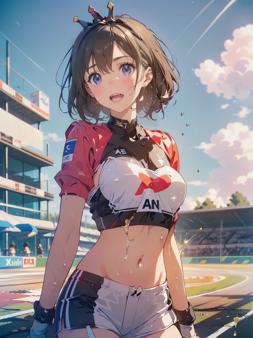 (Race Queen,Grid Girls:1.5),Crop top,White Micro Shorts,standing:1.3、Black Hair:1.5、short hair:1.5,Twin tails:1.5、(((Wet))), (((leaking one&#39;s urine))), (((Peeing on your own))), (Pee running down my legs), Pee stains, (puddle),