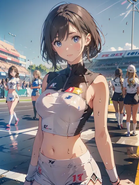 (race queen,grid girls:1.5),crop top,white micro shorts,standing:1.3、black hair:1.5、short hair:1.5,twin tails:1.5、(((wet))), (((...