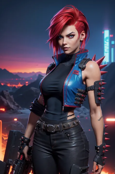 female with red spiky hair and blue top, metal cyberpunk woman mechanic, xtreme, breasts, medium breasts, open blue vest, open c...