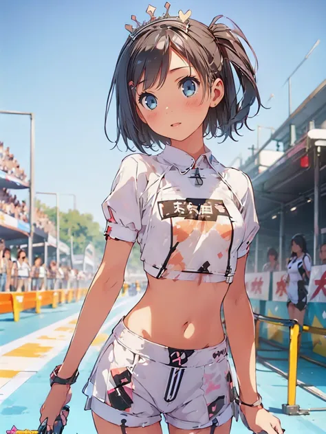 (race queen,grid girls:1.5),crop top,white micro shorts,standing:1.3、black hair:1.5、short hair:1.5,twin tails:1.5、(((small breas...