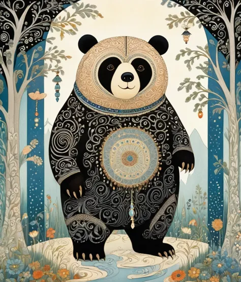 kay nielsen style page, (cute, chubby, male, bear), hires textures, highly detailed, intricate details, best quality, masterpiec...