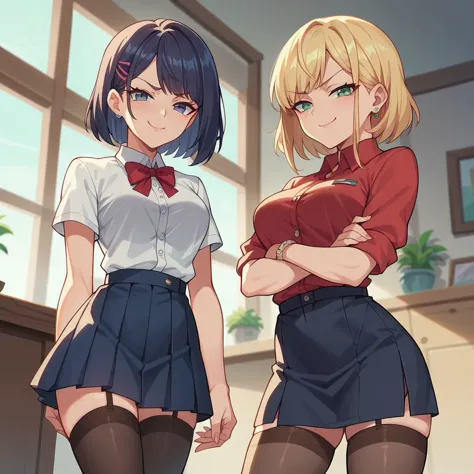 2 different women  , smug, stockings, skirt, blouse, cartoon screencap, closed mouth, stand on the steps, modern college, lookin...