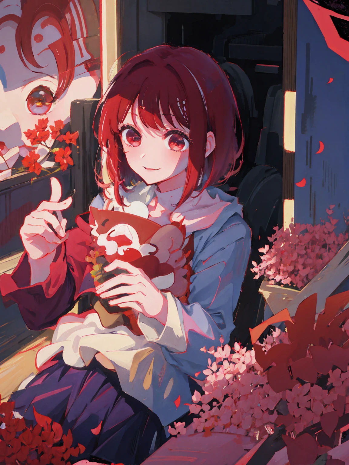 Red hair and red eyes, close-up Iwakura Lane, anime visuals of cute girls, anime best girl, anime girl named Lucy,  Iwakura Lane, anime moe art style,smile, flowers around, close up, detail 