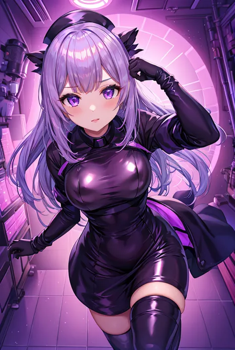 a beautiful girl wearing a purple shiny rubber nurse outfit（1），wearing purple rubber long gloves、background: dimly lit room at n...