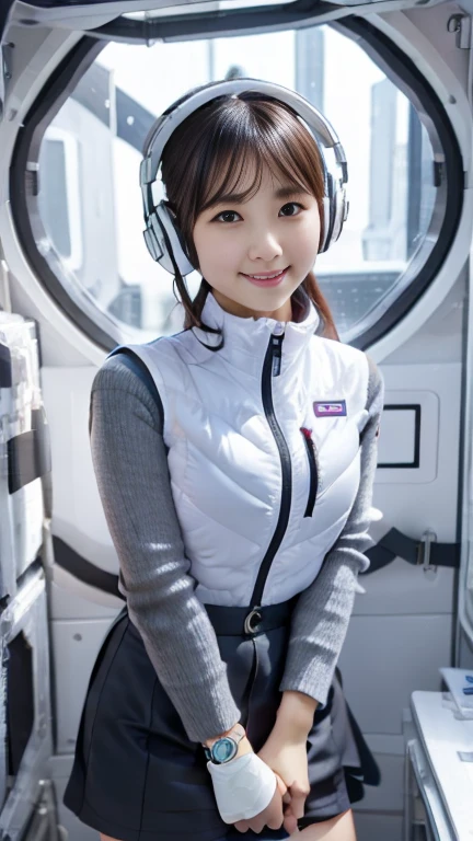 (Best Quality), (masterpiece), 1080P, High resolution, 4K, 8k, Inside the space station、Futuristic room、One Woman,20yo,astrovest,white shiny latex astrovest, black long sleeves,white down skirt,BREAK Shooting from directly below,Composition seen from below:3,BREAK Flip up the skirt、skirt rift up,Show your pants:5,、BREAK Smile、White diapers:3, sweat, Woman looking down,headphone,Braided Hair, Inner Color, Embarrassed face, Short black hair, smartwatch,, bedroom,