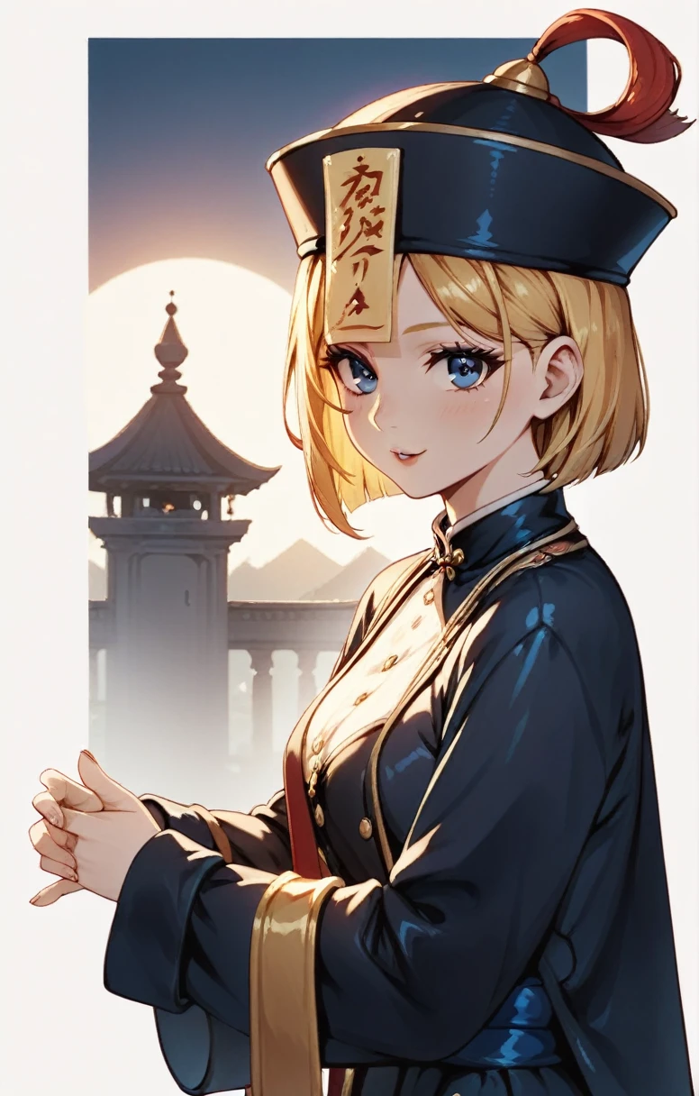 Masterpiece, Full body portrait, Score_9, Score_8_up, Score_7_up, Score_6_up, Score_5_up, Score_4_up, Jiangshi, One girl, Stretch your arms straight out in front of you, Short Hair, cute, Pale skin, Dressed in black Chinese embroidered clothing, hat, Bills on the forehead, Long sleeves that cover the hands:1.3, Dangle your fingers down, Temple of the Night, moonlight, moonlight