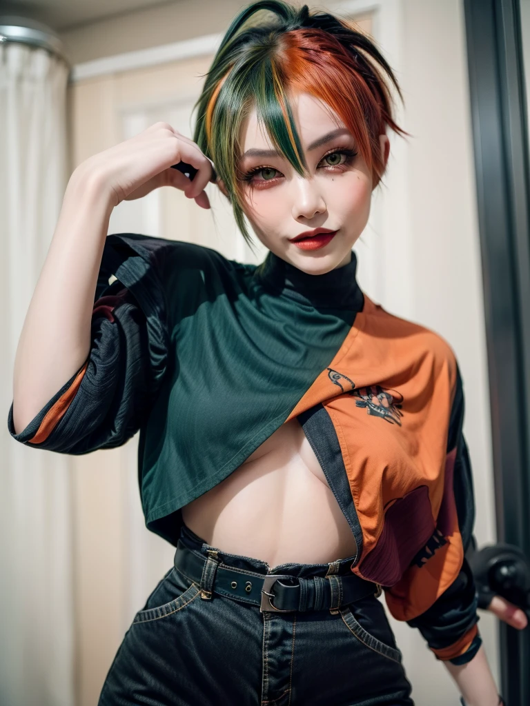 masterpiece, best quality, highly detailed,1girl,indoors, adult, split-color hair, green hair, orange hair, hair over eye, dynamic pose, clothes, grin, lipstick, pixie hair, tattoos, cropped shirt