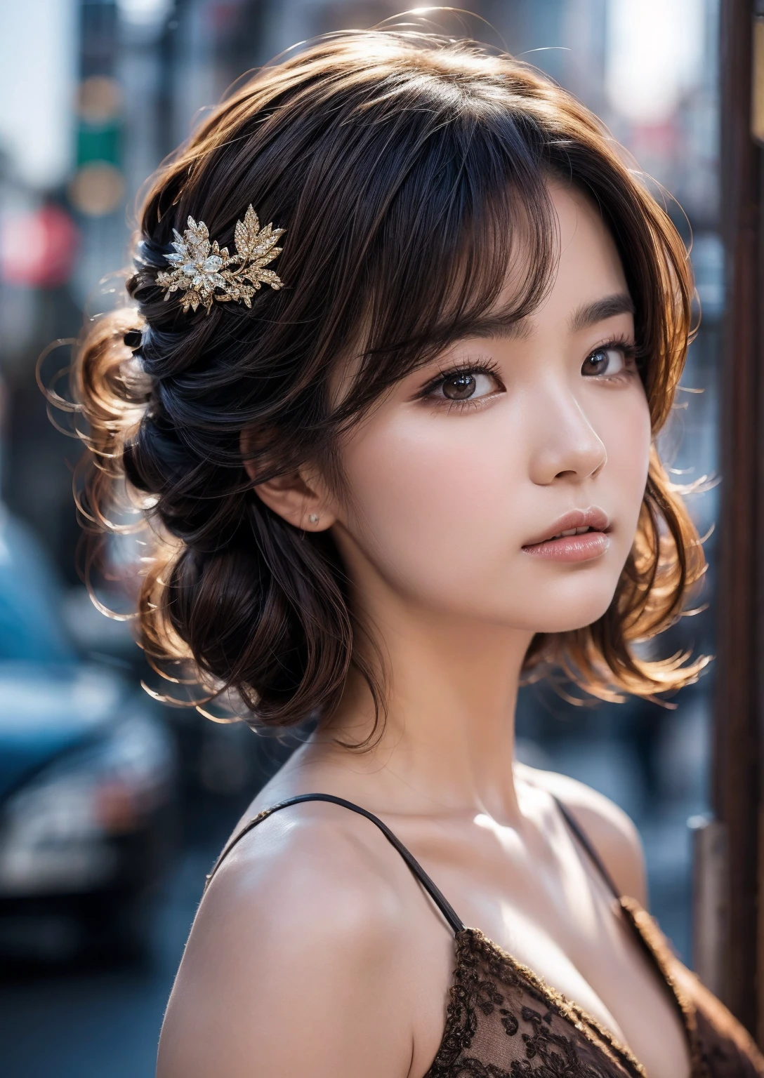 (1girl:1.35, 20-year-old), (ultra realistic texture details: velvety skin, hair),  professional photography, (masterpiece), (Highest quality), Lady, Looking at the audience, (glamour shot of Japanese woman:1.3), (intricately detailed realistic brown_eyes), (droopy eyes:1.3), Day, in-door, Natural Wave Short Hair, pixie cut, Voluminous updo, 