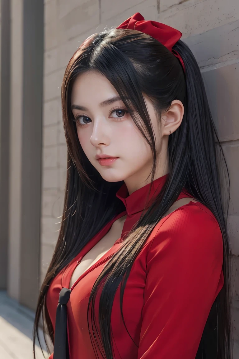 anime girl in red shirt and black tie posing for a photo, by Yang J, extremely detailed artegerm, Rin Tohsaka, artegerm jsc, guweiz style artwork, beautiful digital art, artegerm.  High detail, range murata and artegerm, style artegerm, even model |  artegerm