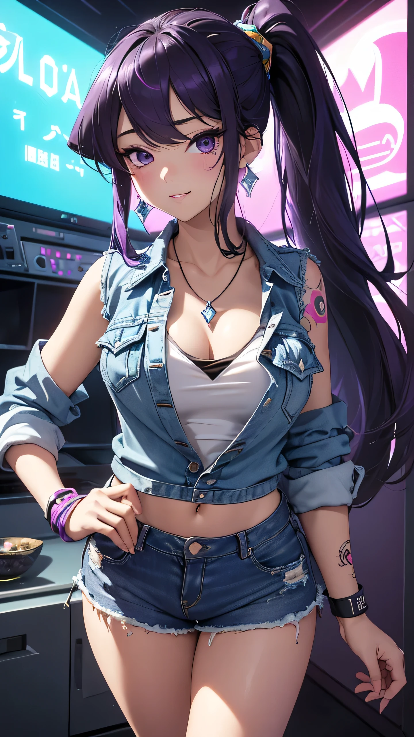 最high quality、best image quality、masterpiece、girl((20-year-old、 By becoming、vest bust、medium bust,wide open breast tea、Shining eyes, purple eyes, purple hair、long hair、thin,highest valley、ponytail、distressed denim shorts、black belly button shirt、Damaged Denim Jacket、smile、full body tattoo,diamond earrings、Wristband、necklace,bubble gum、yankee pose)),high quality、beautiful art、background((Hacker Room、underground、neon lighting))、flight、debris flies、Depth of written boundary、movie、visual art、perfect art、8K,genuine、