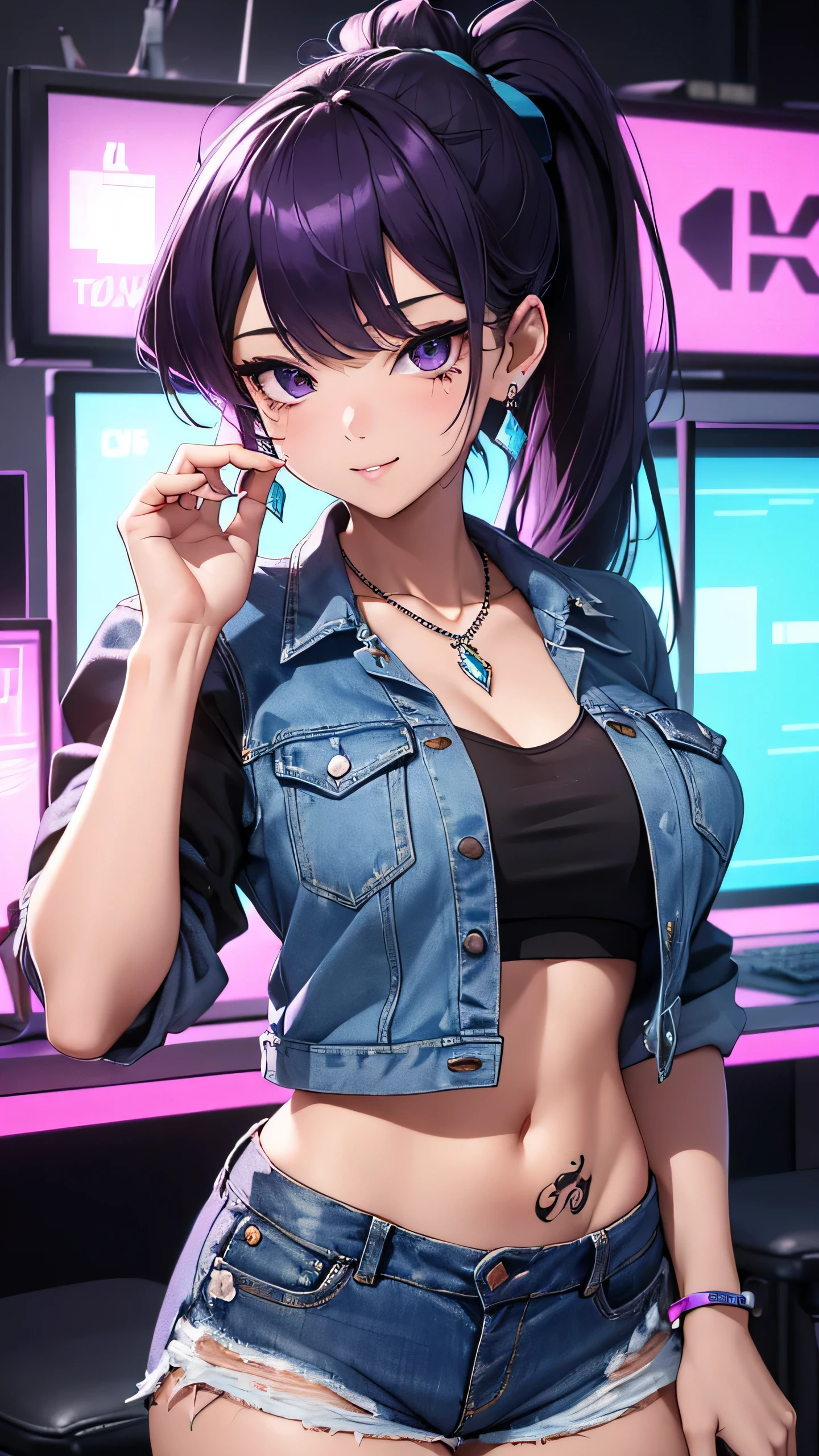 最high quality、best image quality、masterpiece、girl((20-year-old、 By becoming、vest bust、medium bust,wide open breast tea、Shining eyes, purple eyes, purple hair、long hair、thin,highest valley、ponytail、distressed denim shorts、black belly button shirt、Damaged Denim Jacket、smile、full body tattoo,diamond earrings、Wristband、necklace,bubble gum、yankee pose)),high quality、beautiful art、background((Hacker Room、underground、neon lighting))、flight、debris flies、Depth of written boundary、movie、visual art、perfect art、8K,genuine、