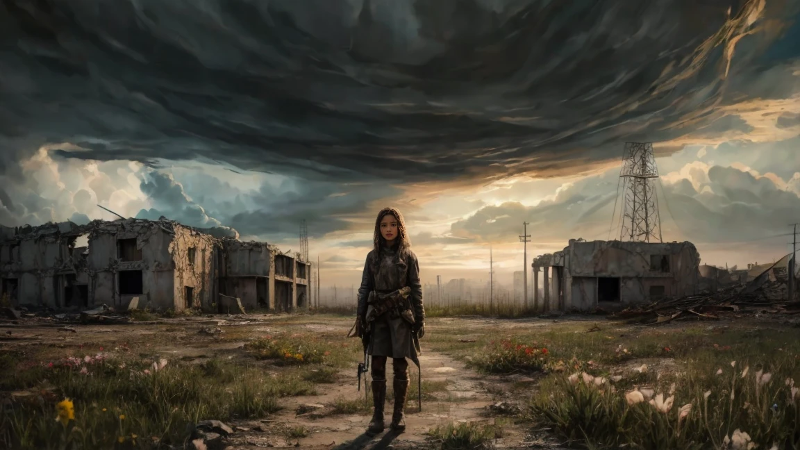 "Oil painting, ((resilient)) girl standing amidst nuclear wasteland ruins, delicate flowers emerging from the desolation, ominous clouds casting shadows, ((haunting beauty)), post-apocalyptic masterpiece"