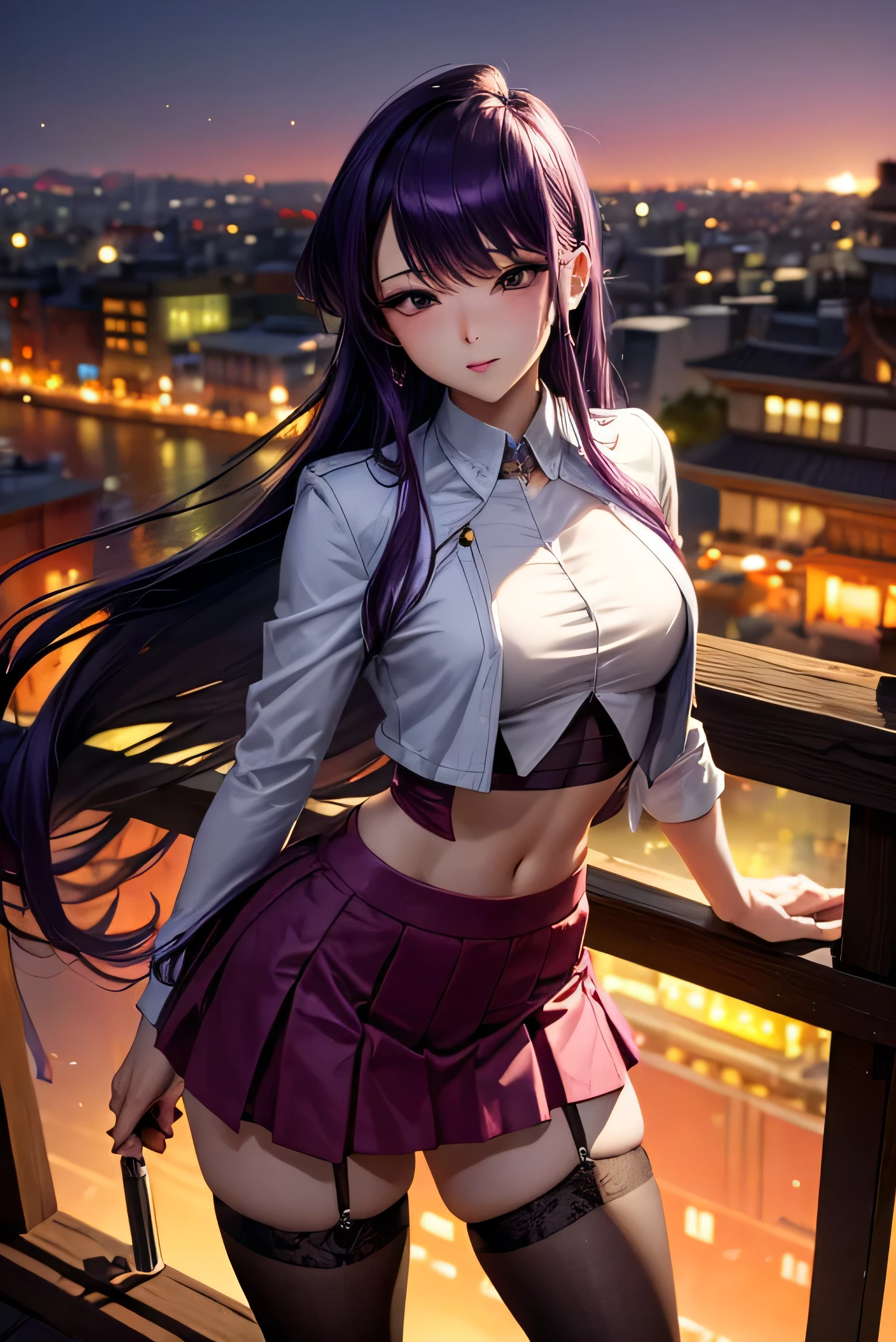 Masterpiace, high quality, ultra detail, woman, crop top, japanese, long hair, purple hair, skirt, stockings, open legs, from above, cinematic lighting, city ligths, river, bokeh, ship, sexy posture