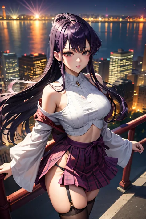 masterpiace, high quality, ultra detail, woman, crop top, japanese, long hair, purple hair, skirt, stockings, open legs, from ab...