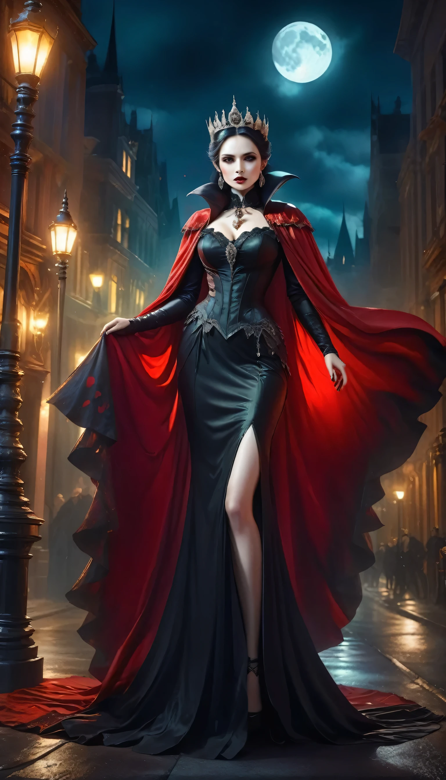 fantasy art, RPG art, ultra wide shot, a picture of a vampire queen in the big city, a beautiful mature vampire queen, elegant queen, dynamic hair color, dynamic hair style, wearing intricate silk dress, flowing cloak, high heels, holding a royal scepter, red diamonds, dipped with blood, standing in goth city at night, goth buildings, lit by torches, moon in the sky, 16k, [ultra detailed], masterpiece, best quality, (ultra detailed), full body, ultra wide shot, vampire teeth