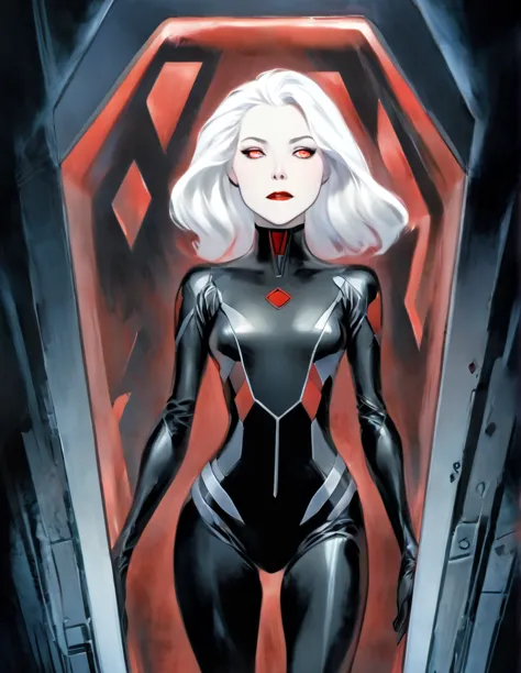 pale middle aged white haired woman wearing a black sci-fi body suit. she has a calm dead pan expression. she is laying inside a...