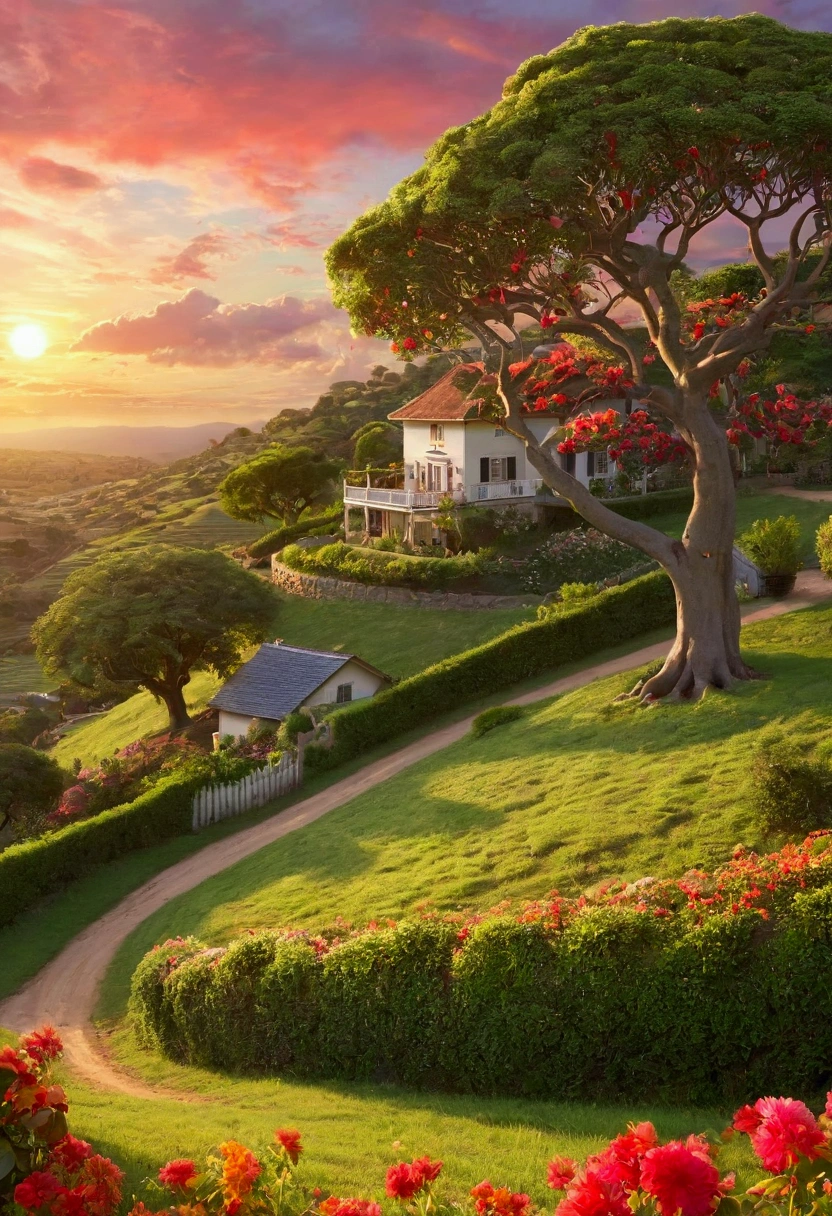 A rural scene featuring a small, gently rolling hill. At the top of the hill, place a quaint house shaded by a large, lush fig tree. A dirt road winds down the hill, lined with vibrant gardens of flowers in full bloom. A , dressed in casual, vintage clothing, is seen ascending the hill towards the house, evoking a sense of nostalgia and peacefulness.the sky is totally smashed with red and yellow colour clouds, the total scene is colourful with the light of the setting sun, Ultra realistic 4k anime style.