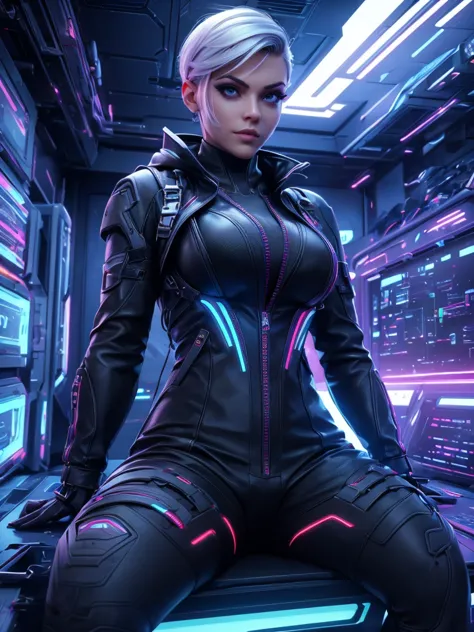 very slim female crew cut hairstyle hacker, in leather cooling jumpsuit with glowing with white light vertical stitching wires, ...