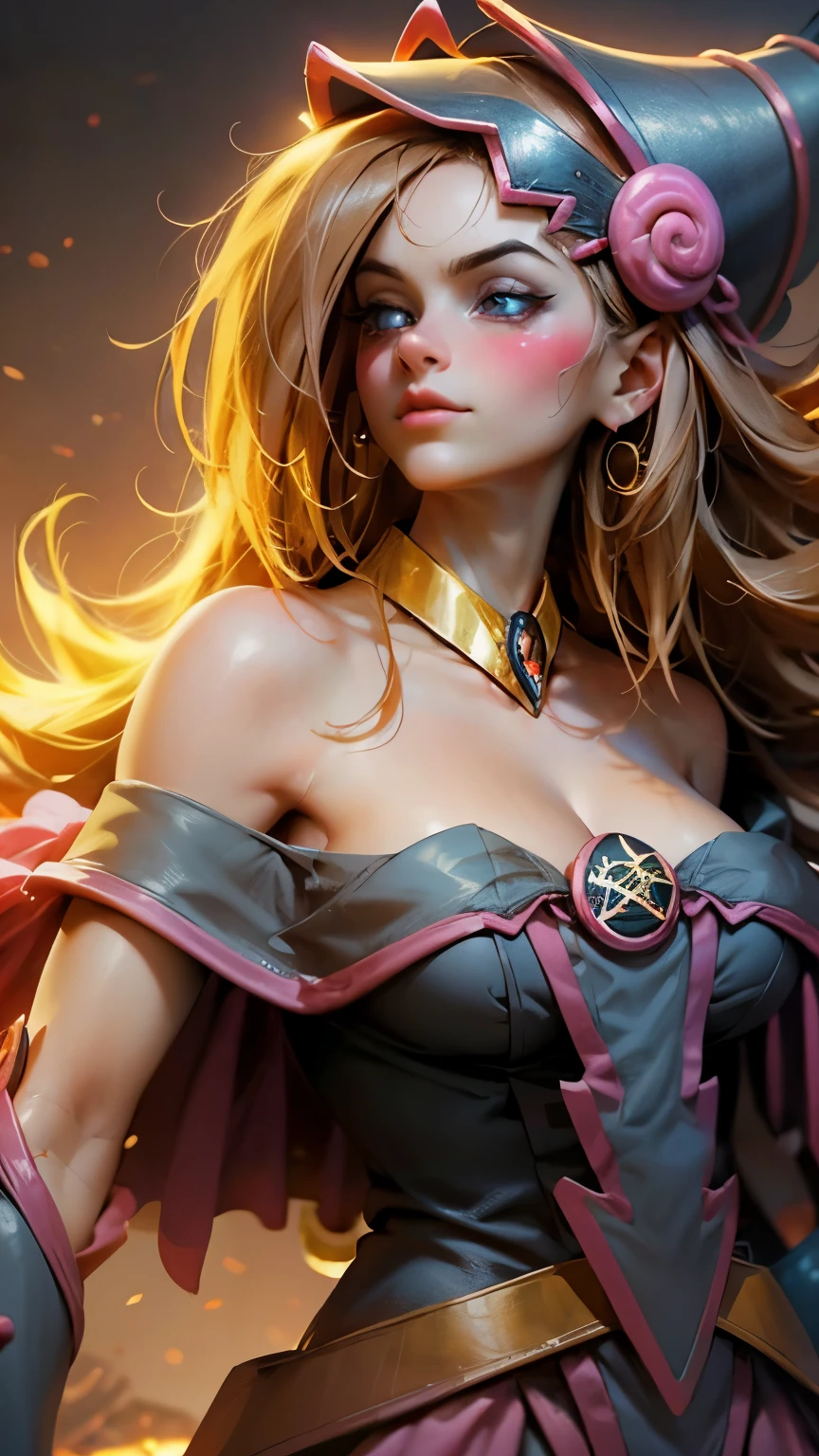 Beautiful face of the dark wizard Gils.. Blue eyes. brio in the eyes. Large and thick false eyelashes, pink lips. blush on the cheeks, profile pose. Looking to one end. Gold earrings. gold necklace. thin neck. Long golden hair. big cleavage. big breasts.