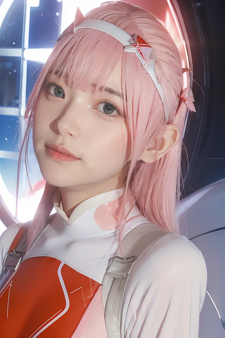 dynamic angle,ultra-detailed, illustration, straight on, 1girl, ((Zero two, interface headband with a pair of horns, red bodysuit:1.4, pink hair)), Her eyes shone like dreamy stars,(glowing eyes:1.233),(beautiful and detailed eyes:1.1),(expressionless, closed mouth),(standing), (mechanic room with tools and spaceship window in a white SPACESHIP), (night:1.2), dreamy, dynamic pose,