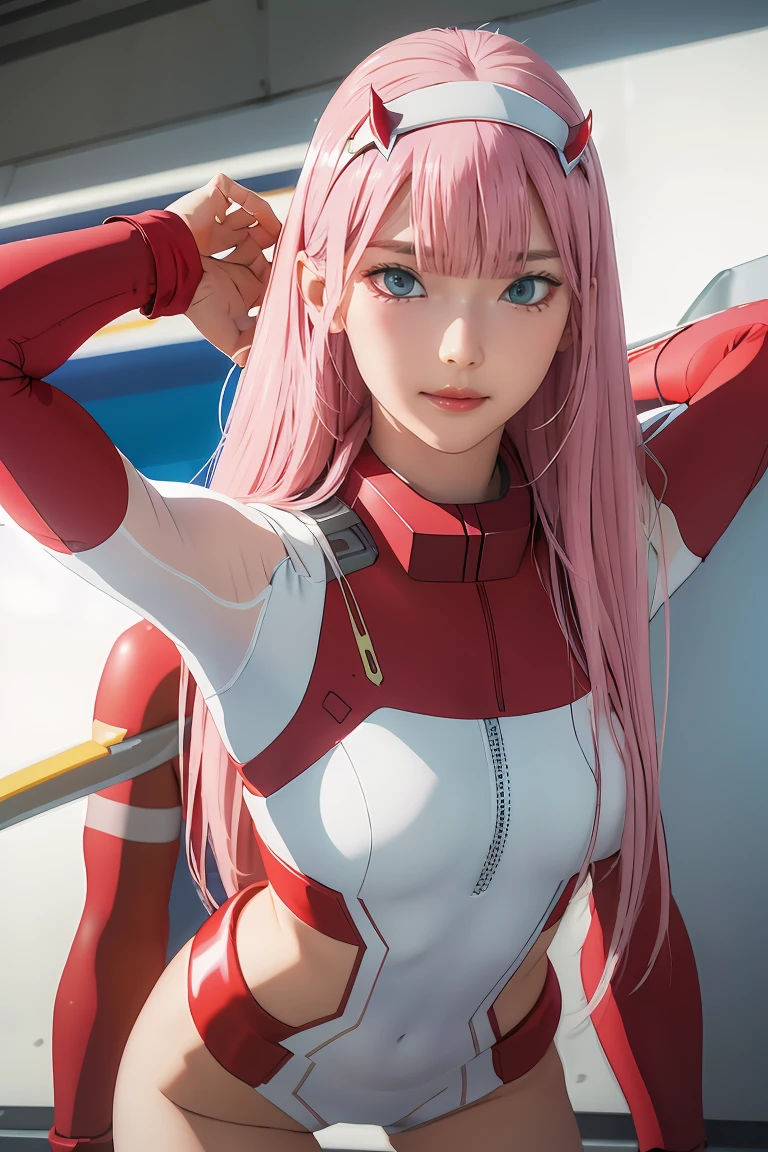 ((best quality)),((highly detailed)),masterpiece,absurdres,detailed face,beautiful face,((detailed eyes, deep eyes)),(1girl),((dynamic pose)), Zero_Two, green eyes, 1girl, solo, red bodysuit, long hair, pilot suit, pink hair, bodysuit, straight hair, hairband, standing, horns, breasts, bangs, closed mouth, looking at viewer, medium breasts, white hairband, skin tight, blunt bangs, makeup, eyeshadow, very long hair, sidelocks, expressionless, hair between eyes, red horns, shiny hair, towards viewer, smile,