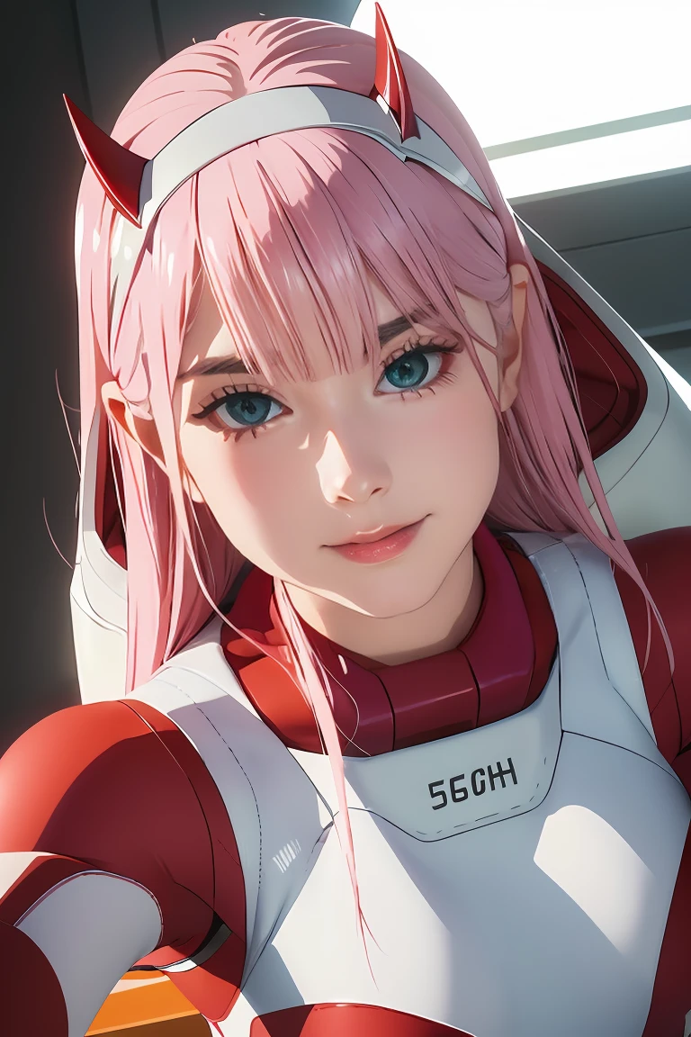 ((best quality)),((highly detailed)),masterpiece,absurdres,detailed face,beautiful face,((detailed eyes, deep eyes)),(1girl),((dynamic pose)), Zero_Two, green eyes, 1girl, solo, red bodysuit, long hair, pilot suit, pink hair, bodysuit, straight hair, hairband, standing, horns, breasts, bangs, closed mouth, looking at viewer, medium breasts, white hairband, skin tight, blunt bangs, makeup, eyeshadow, very long hair, sidelocks, expressionless, hair between eyes, red horns, shiny hair, towards viewer, smile,