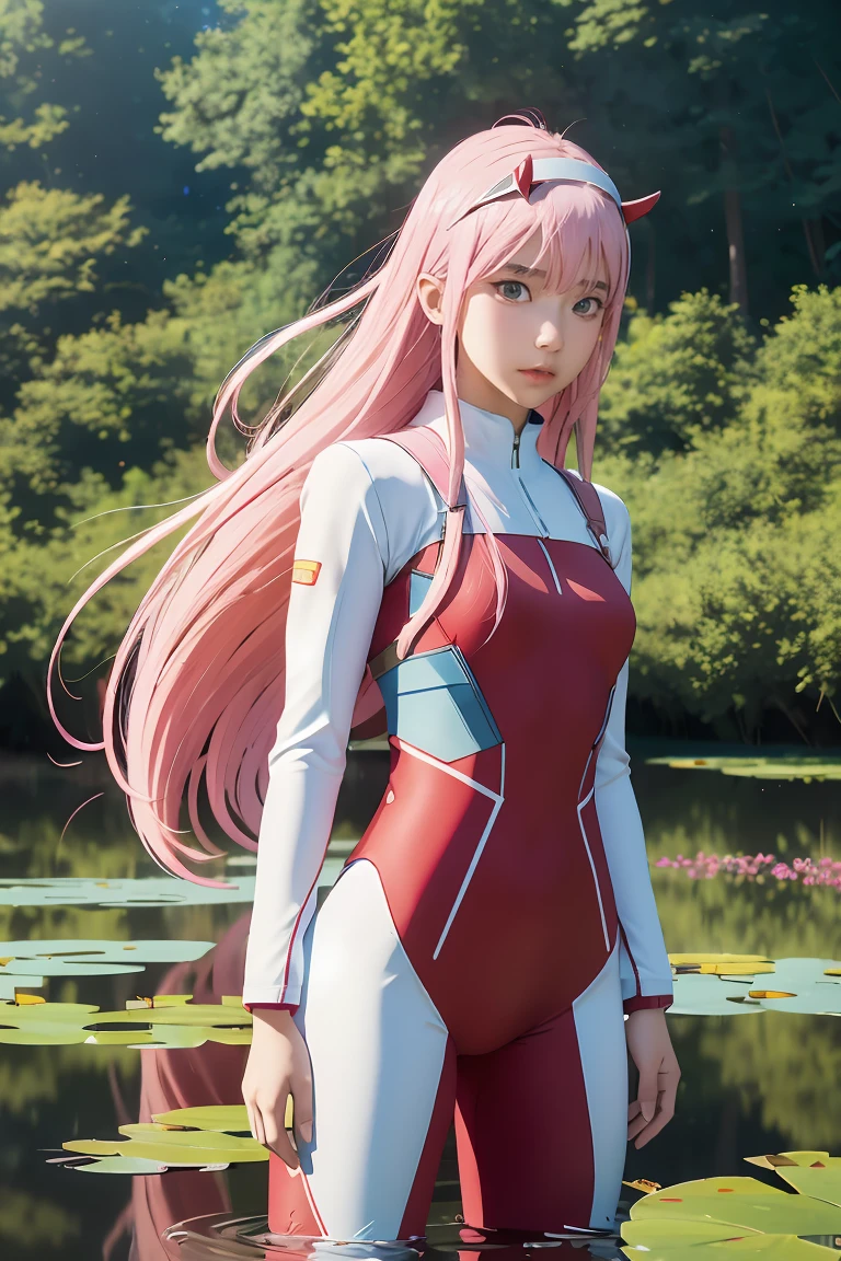 masterpiece, best quality, high res, bbzero2, long hair, horns, hairband, red bodysuit, standing, spacecraft, blue sky, cowboy shot. forest, standing in a pond,, pink hair,