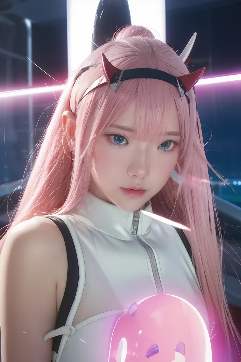 dynamic angle,ultra-detailed, illustration, straight on, 1girl, ((Zero two, interface headband with a pair of horns, red bodysuit:1.4, pink hair)), Her eyes shone like dreamy stars,(glowing eyes:1.233),(beautiful and detailed eyes:1.1),(expressionless, closed mouth),(standing), (mechanic room with tools and spaceship window in a white SPACESHIP), (night:1.2), dreamy, dynamic pose,