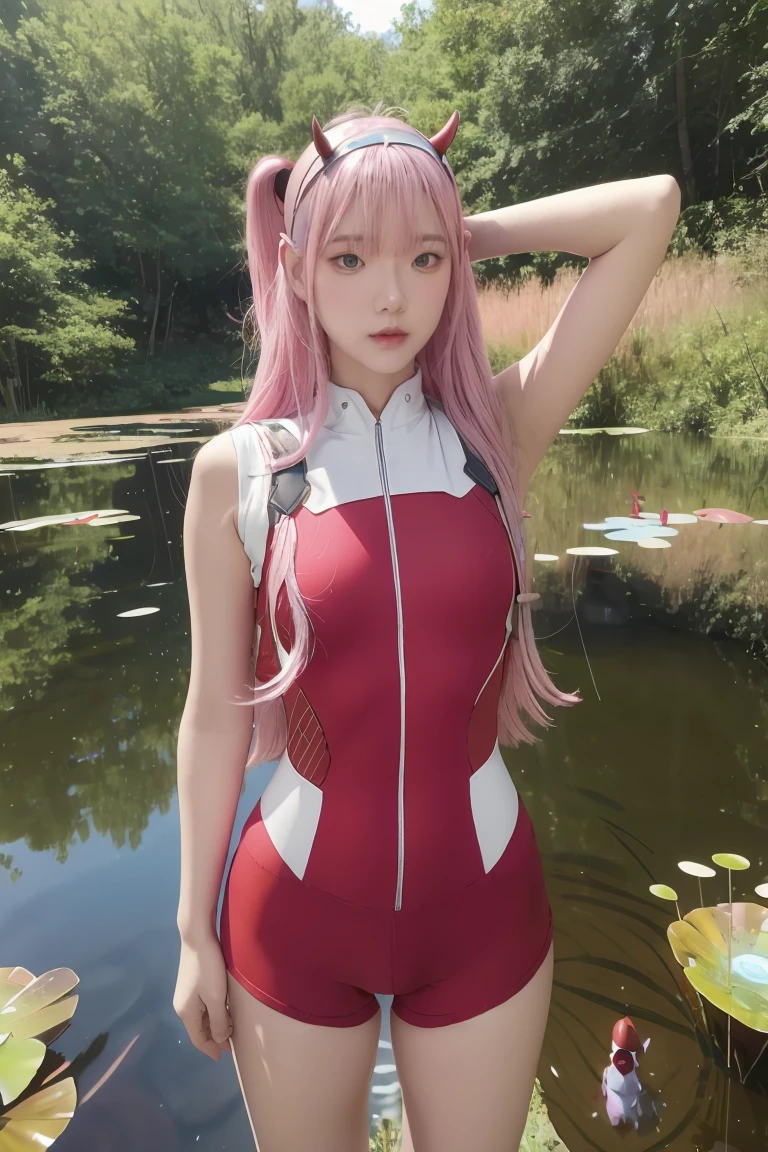 masterpiece, best quality, high res, bbzero2, long hair, horns, hairband, red bodysuit, standing, spacecraft, blue sky, cowboy shot. forest, standing in a pond,, pink hair,