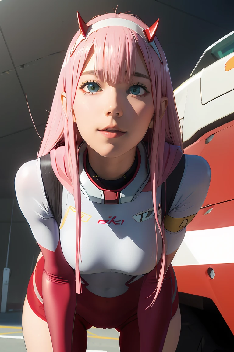 ((best quality)),((highly detailed)),masterpiece,absurdres,detailed face,beautiful face,((detailed eyes, deep eyes)),(1girl),((dynamic pose)), Zero_Two, green eyes, 1girl, solo, red bodysuit, long hair, pilot suit, pink hair, bodysuit, straight hair, hairband, standing, horns, breasts, bangs, closed mouth, looking at viewer, medium breasts, white hairband, skin tight, blunt bangs, makeup, eyeshadow, very long hair, sidelocks, expressionless, hair between eyes, red horns, shiny hair, towards viewer, smile,