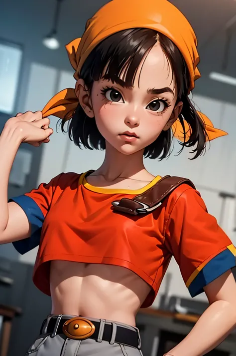 (masterpiece, best quality), 1girl,  pan,1girl,solo,black eyes,bangs,black hair,short hair,bandana, red shirt,crop top,midriff,b...