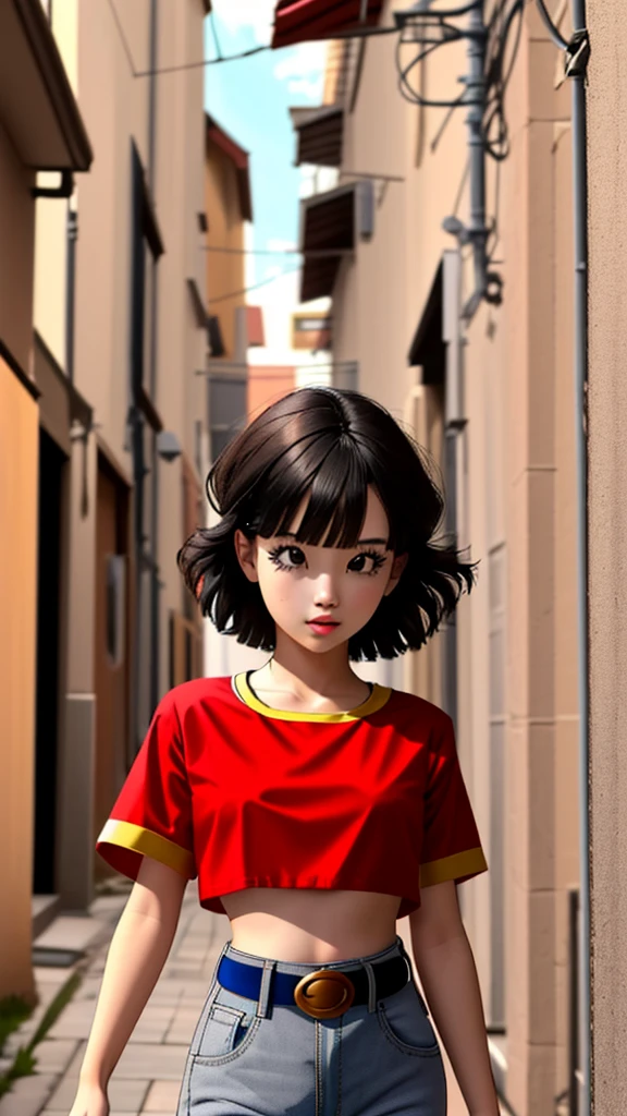 (outdoors, alley:1.3), (Style-DA:1), 
 pan,1girl,solo,black eyes,bangs,black hair,short hair,bandana, (red shirt:1.2),crop top,midriff,belt,gray pants, 