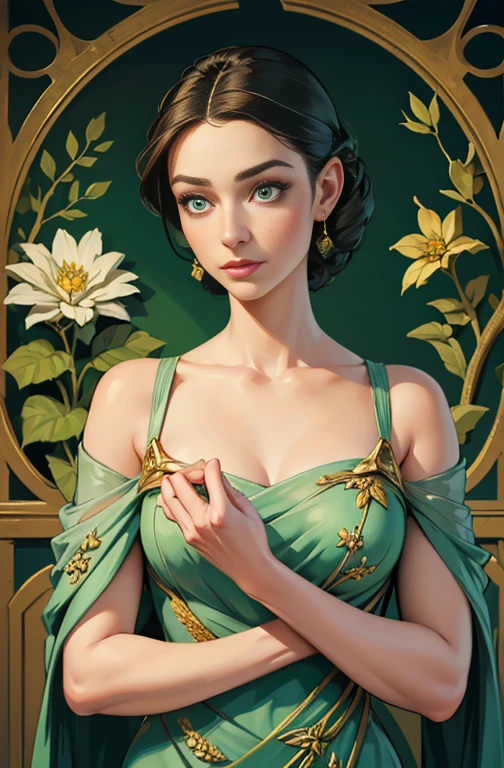 a beautiful woman with striking green eyes, elegant facial features, long eyelashes, detailed skin texture, elegant hairstyle, serene expression, detailed hands, delicate fingers, detailed jewelry, intricate floral dress, detailed fabric, lush garden background, warm golden lighting, cinematic composition, highly detailed, photorealistic, 8k, masterpiece