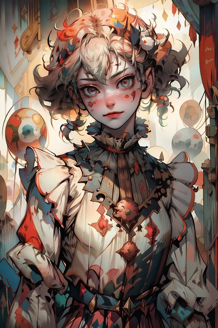 a clown woman without makeup, standing in a carnival, with a big smile, intricate details, striking colors, dramatic lighting, highly detailed, photorealistic, cinematic composition, masterpiece, art by artgerm and greg rutkowski