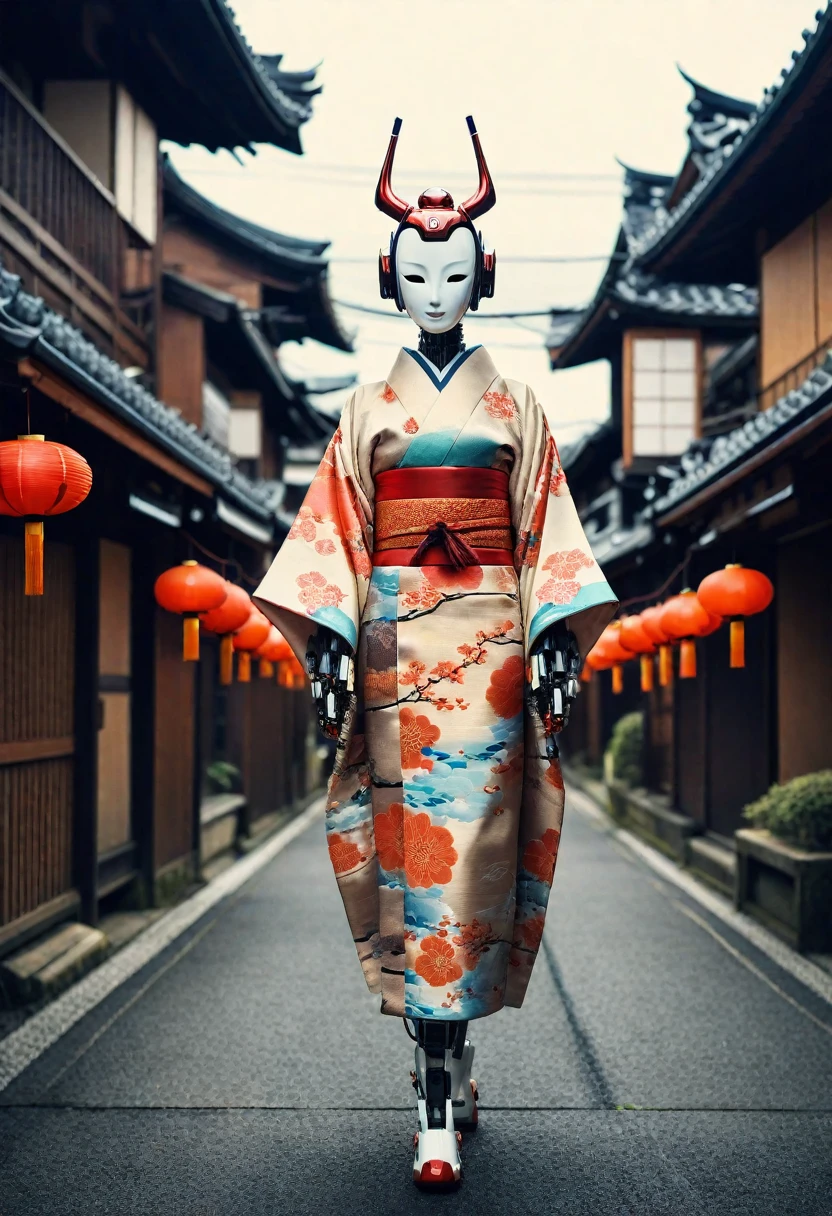 Its neck is so long it looks like a kirin、Create an image of a beautiful kimono-clad female android walking through the streets of Kyoto. The style is awful, and the Fusion of humans and robot has a mysterious and Spooky atmosphere amidst the beauty. In the background is an old Japanese cityscape. It has a Long neck made of machines and wears a mask. Imagine a strange and creepy picture - Ar 9:16.
Spooky atmosphere, Fusion, Horror, Japanese cityscape, Long neck, robot, At 6 o&#39;clock