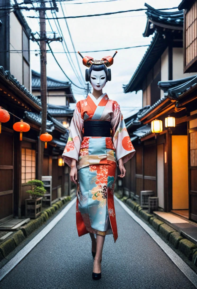 Its neck is so long it looks like a kirin、Create an image of a beautiful kimono-clad female android walking through the streets of Kyoto. The style is awful, and the Fusion of humans and robot has a mysterious and Spooky atmosphere amidst the beauty. In the background is an old Japanese cityscape. It has a Long neck made of machines and wears a mask. Imagine a strange and creepy picture - Ar 9:16.
Spooky atmosphere, Fusion, Horror, Japanese cityscape, Long neck, robot, At 6 o&#39;clock