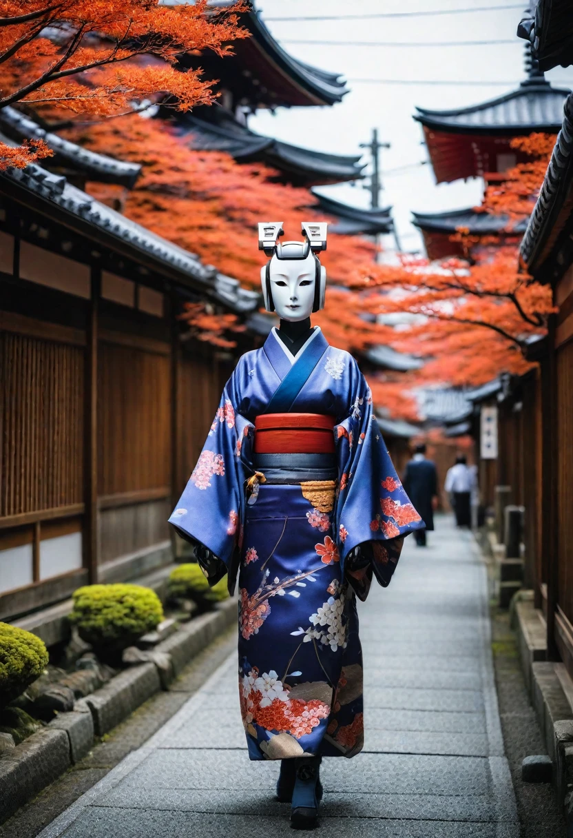 torii,zero，High resolution, High resolution, 8k, Masterpiece 2:1,（ Shrines in Kyoto）、torii、Temple、Crow、Create an image of a beautiful kimono-clad female android walking through the streets of Kyoto. The style is awful, and the Fusion of humans and robot has a mysterious and Spooky atmosphere amidst the beauty. In the background is an old Japanese cityscape. It has a Long neck made of machines and wears a mask. Imagine a strange and creepy picture - Ar 9:16.
Spooky atmosphere, Fusion, Horror, Japanese cityscape, Long neck, robot, At 6 o&#39;clock