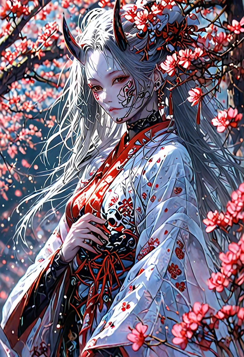 (masterpiece:1.2),Best Quality,Realistic,Ghost Nocturnal,
One girl,silk,spider web,Long Hair,Arthropod Girl,Japanese clothing,kimono,Hair accessories,Gray Hair,Alone,bug,very Long Hair,skull,heart,sash,spider girl,flower,Staring at the audience,hair flower,Arthropod limbs,barefoot,horn,Extra Arms,Extra Eyes,Red eyes,red flower,spider,Wide sleeves,Short eyebrows,white kimono,Long sleeve,Colored sclera,Mark on forehead,Mouth closed,Skin of color,whole body,
