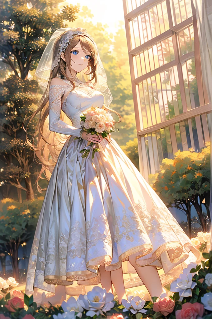 (masterpiece, Best Quality, beautifully、aesthetic:1.3), Staring at the audience, One girl, Alone, A light smile, (compensate, Long Hair, Light beige hair, blue eyes:1.2), Octane Rendering, Bridal Veil, lace trim dress, See-through, Wedding Dresses, Outdoor, White Rose, garden, morning, Standing, Very detailed, Lace gloves,Delicate lace