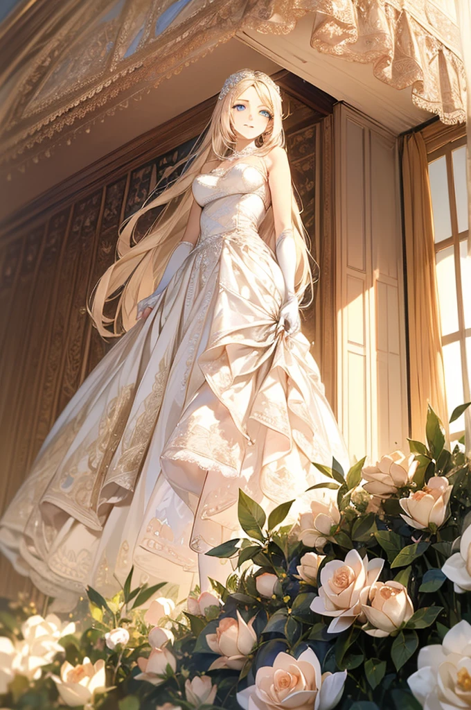 (masterpiece, Best Quality, beautifully、aesthetic:1.3), Staring at the audience, One girl, Alone, A light smile, (compensate, Long Hair, Light beige hair, blue eyes:1.2), Octane Rendering, Bridal Veil, lace trim dress, See-through, Wedding Dresses, Outdoor, White Rose, garden, morning, Standing, Very detailed, Lace gloves,Delicate lace