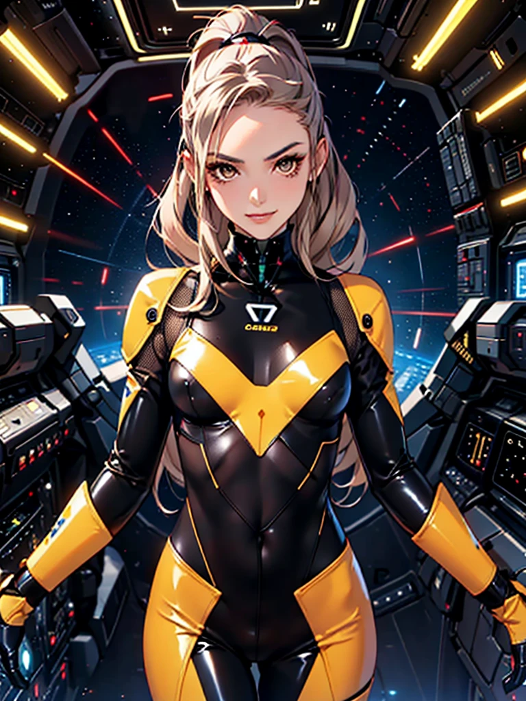 1girl, slender body, slim, extremely long ponytail, (dark brown hair), brown eyes, tan skin, smirk, ((ochre and black latex bodysuit)), (black armor), (((hexagonal mesh))), ((extremely glossy)), cyberwear, space background, starship interior, space cockpit
