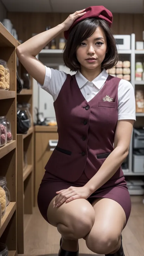 mature woman in uniform,50 years old、wine red beret、 tight skirt、wine red vest、white shirt,place your hands behind your head to ...